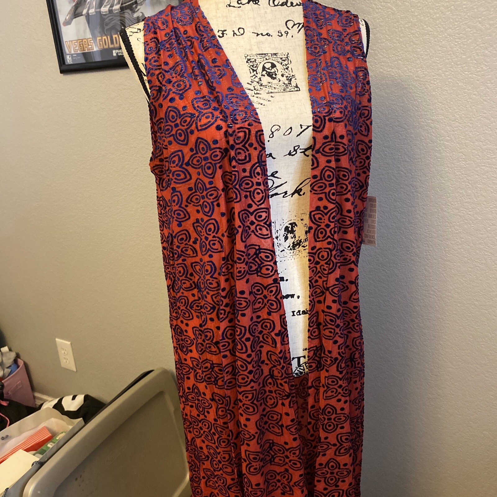 NWT LulaRoe Size Large Joy Duster Red W/Metallic Blue Pattern Gorgeous! RV $60
