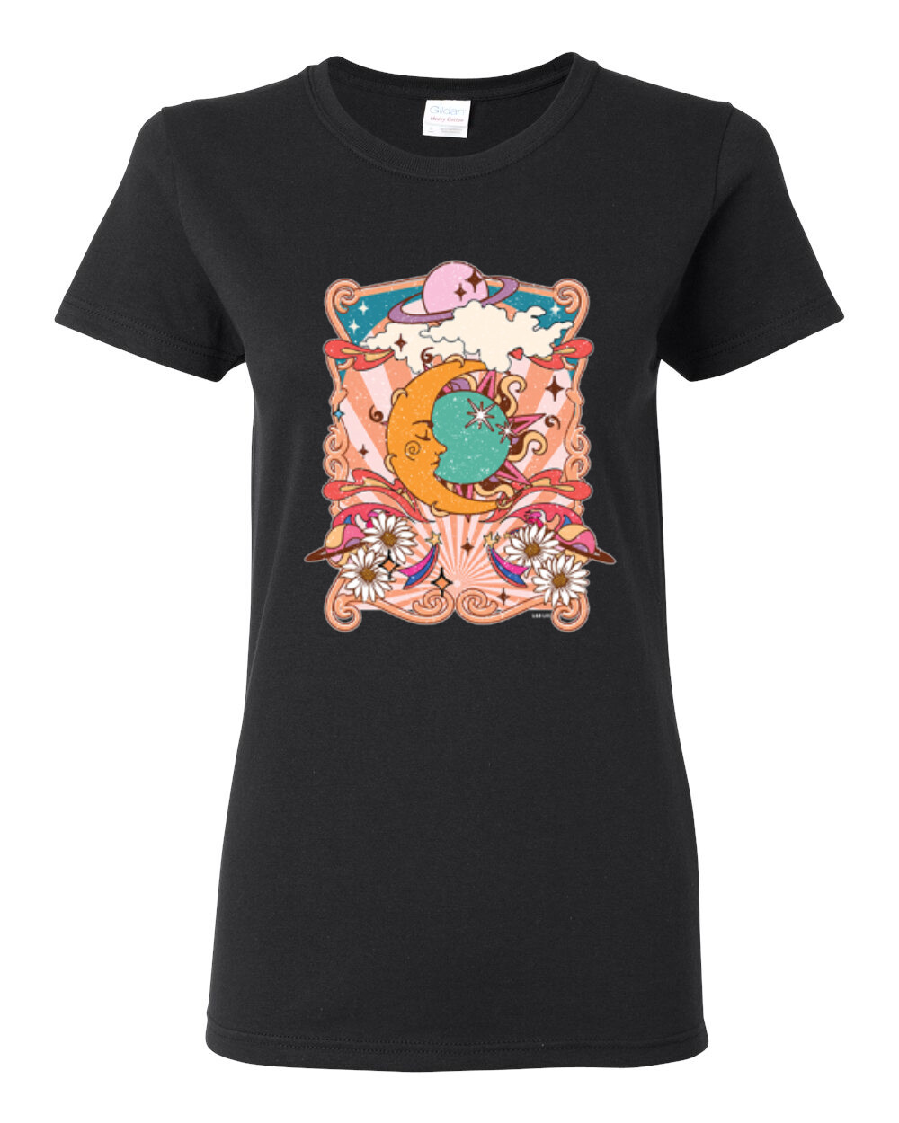 Sun and Moon Groovy Vintage Daisy Flowers Stars Women Graphic TShirt
