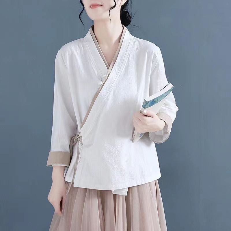 Women Chinese V-Neck Cotton Linen Casual Vintage Hanfu Retro Tang Suit Tea Coat