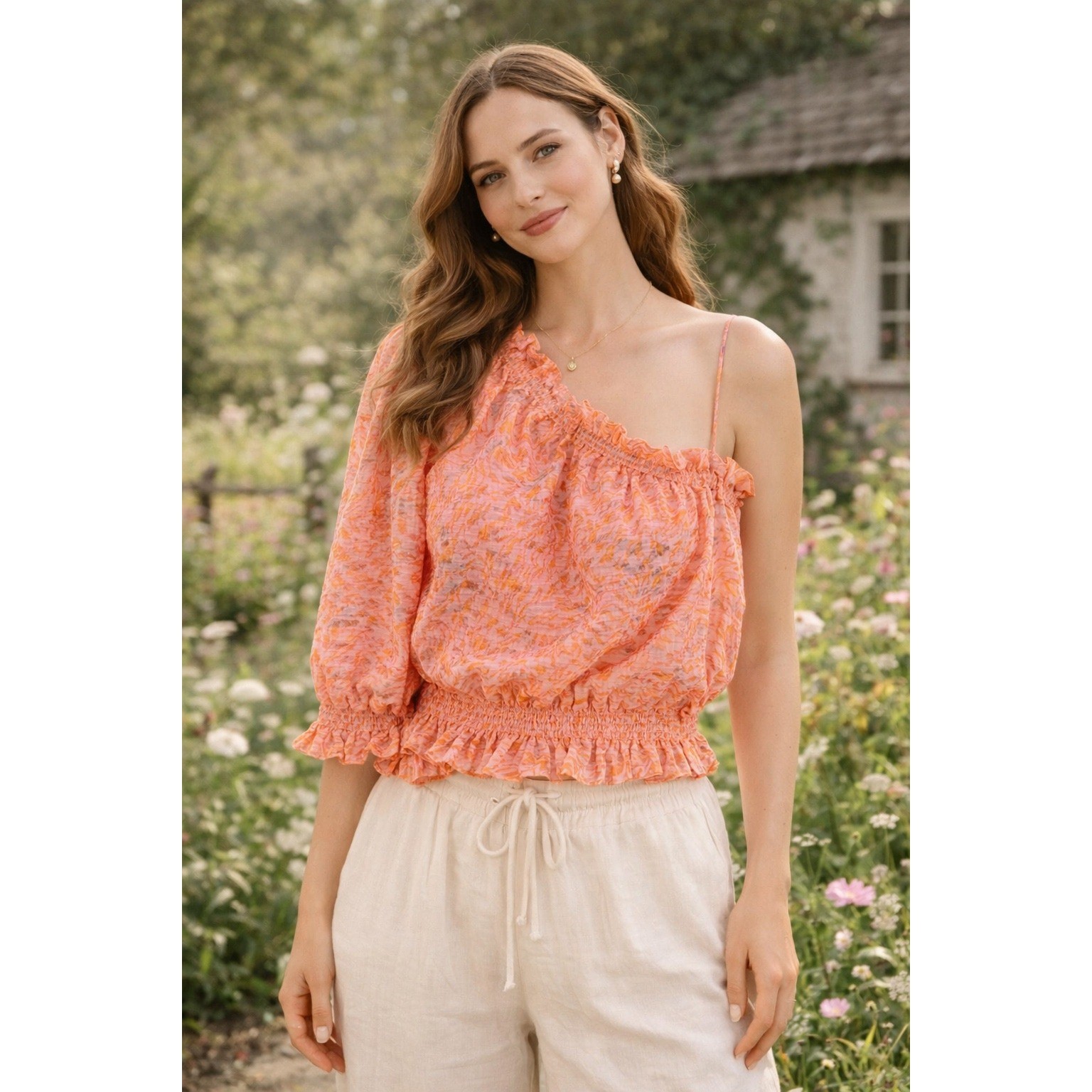 Vero Moda One Shoulder Cropped Top Prism Pink Nemi Floral Smocked M NEW 10262903