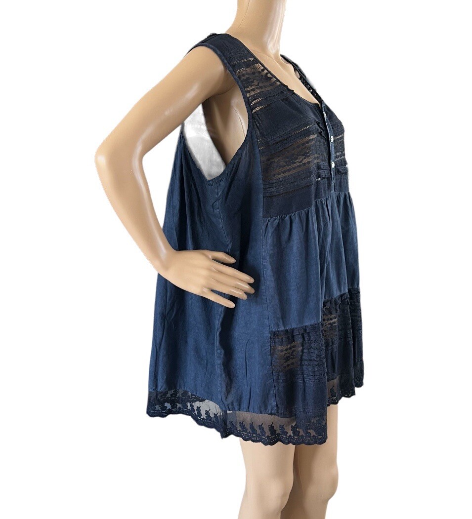 Fantazia Womens Sleeveless Tunic Lace Trimmed Tank Top Navy Blue Size 1XL NWT