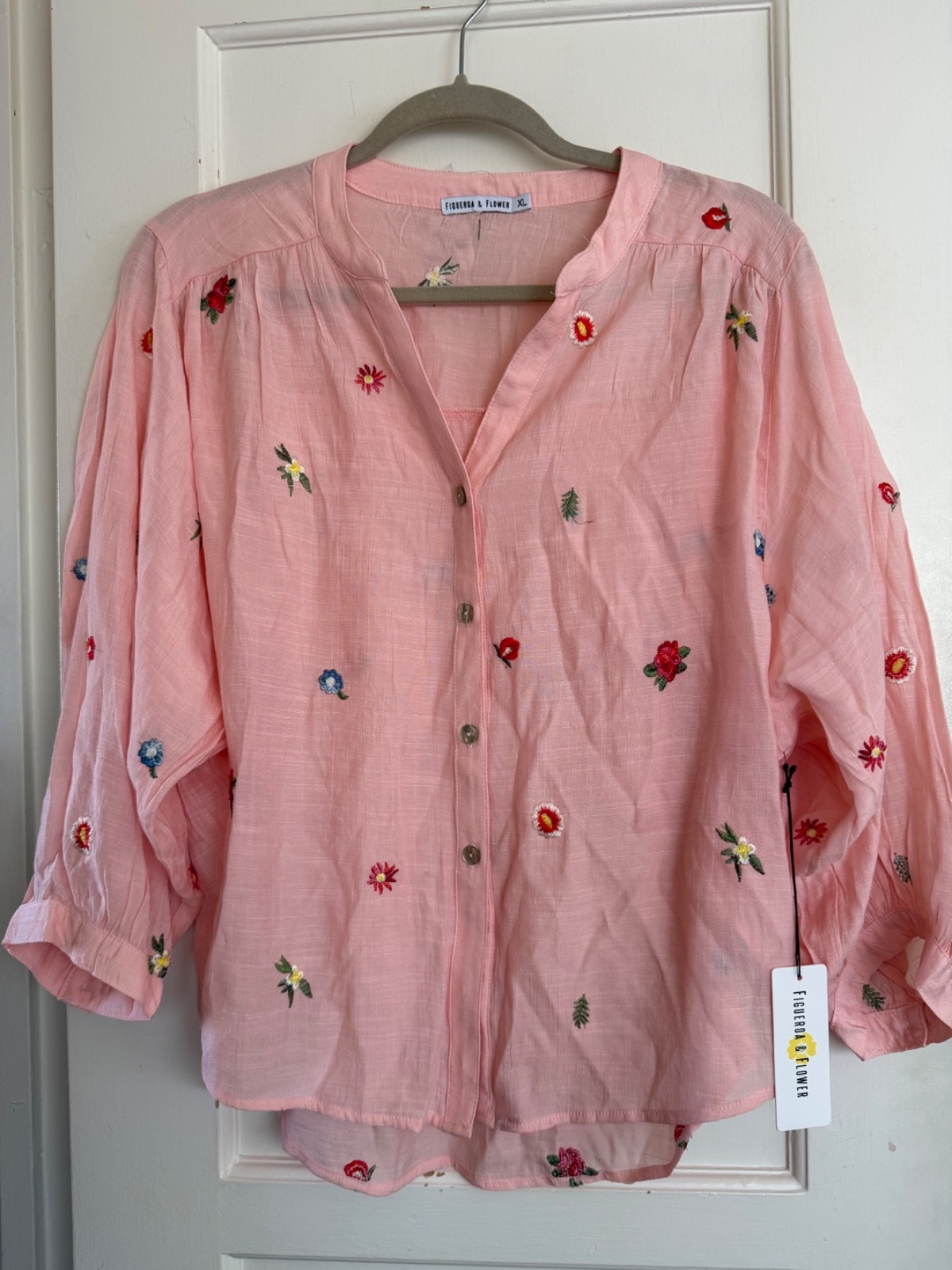 NWT Anthropologie Figueroa Flower Peasant Blouse Boho TOP Shirt XL Pink Embroid