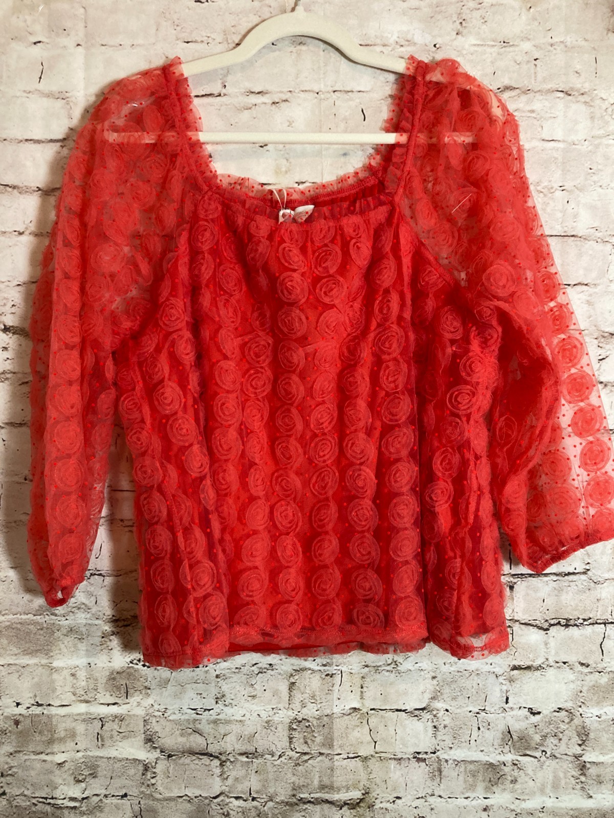 Cato Collection Top Large Red-Orange Mesh Rosette Textured Coquette Romantic