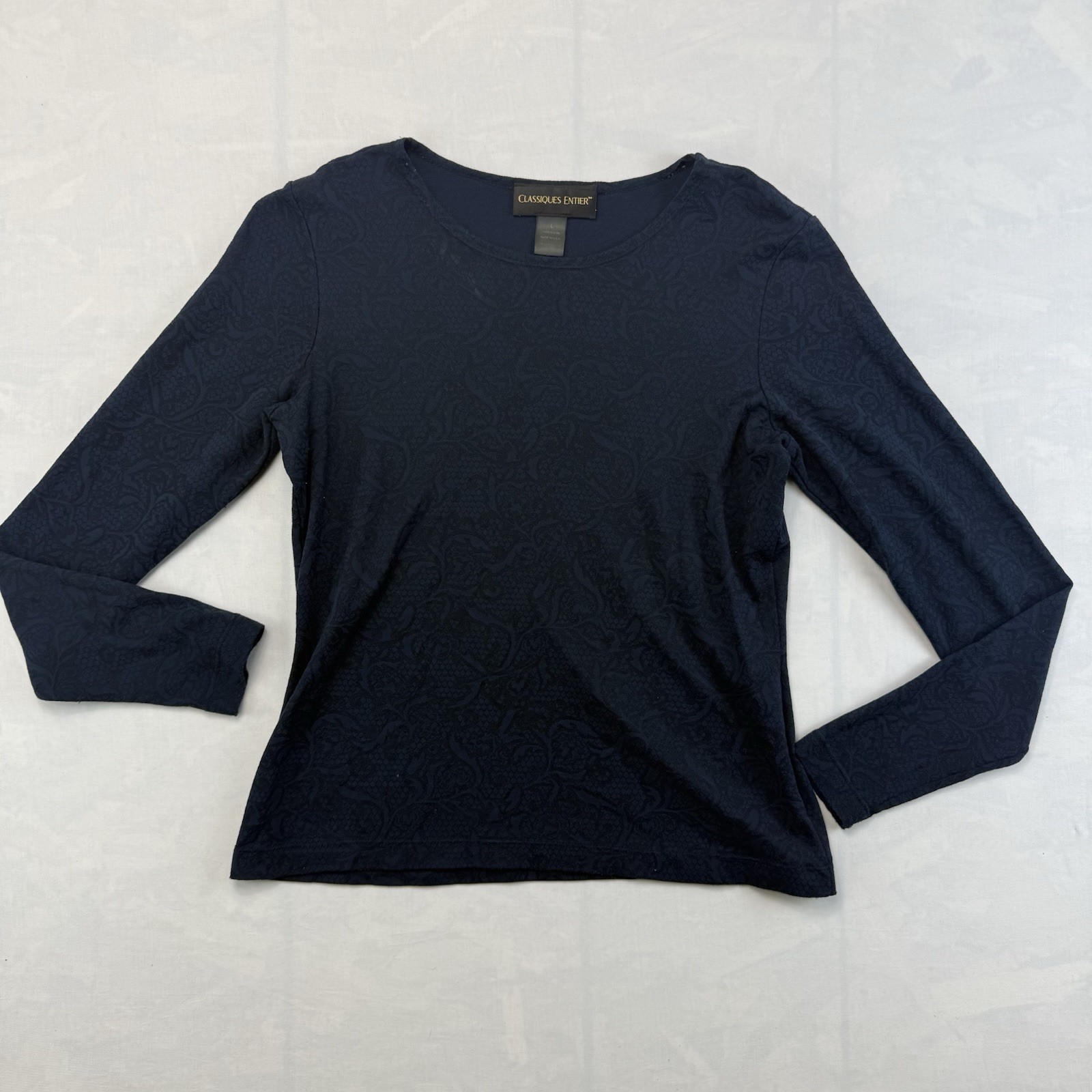 Classiques Entier Womens L Navy Textured Top USA Made Stretch Blouse
