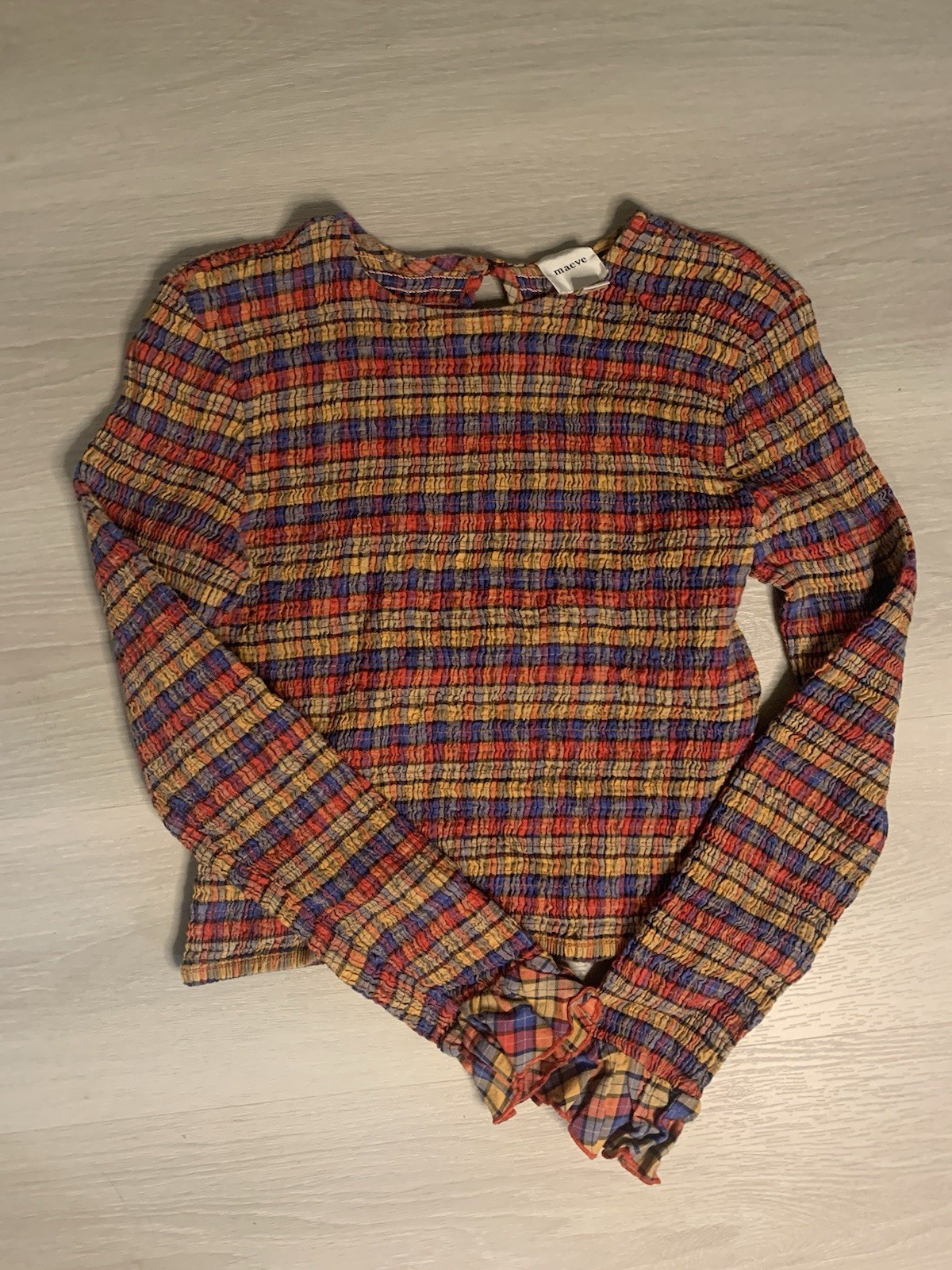 Maeve Women’s Multicolor Plaid Smocked Round Neck Long Sleeve Blouse Top S