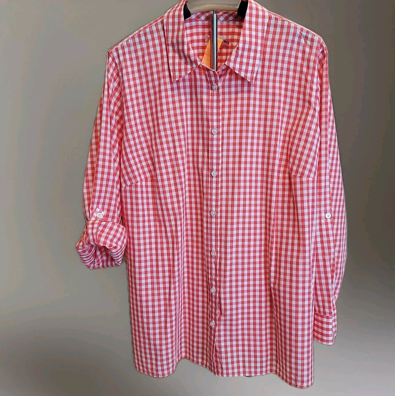 Talbots Woman Button Up Shirt Roll Tab Sleeve All Cotton 2X Gingham Pink White