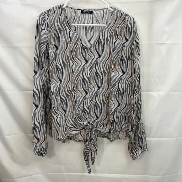 APNY women’s neutral zebra line print lightweight tie front v-neck blouse small