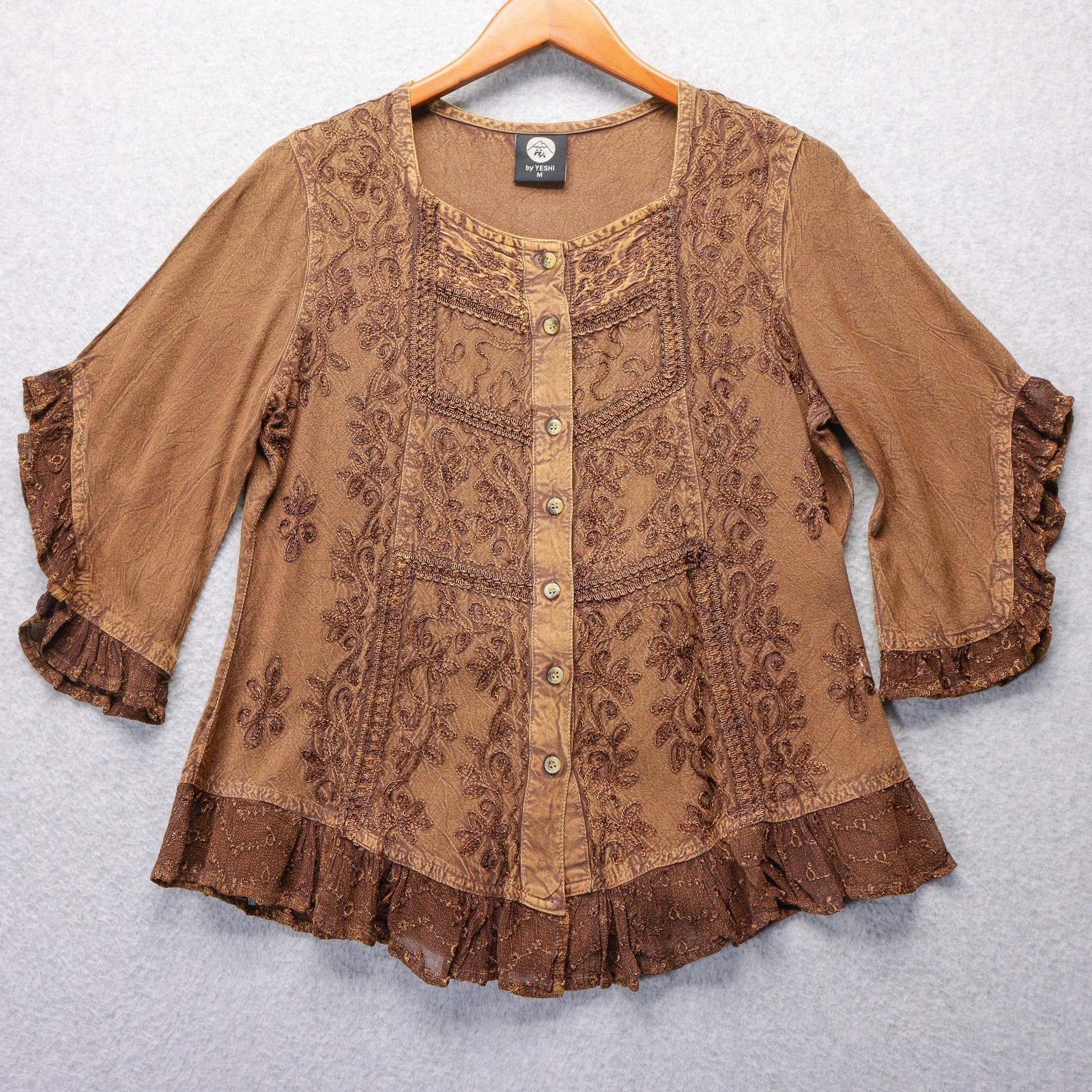 Yeshi Blouse Womens M Brown Embroidered Button Ruffle Fairy Boho Rennaissance