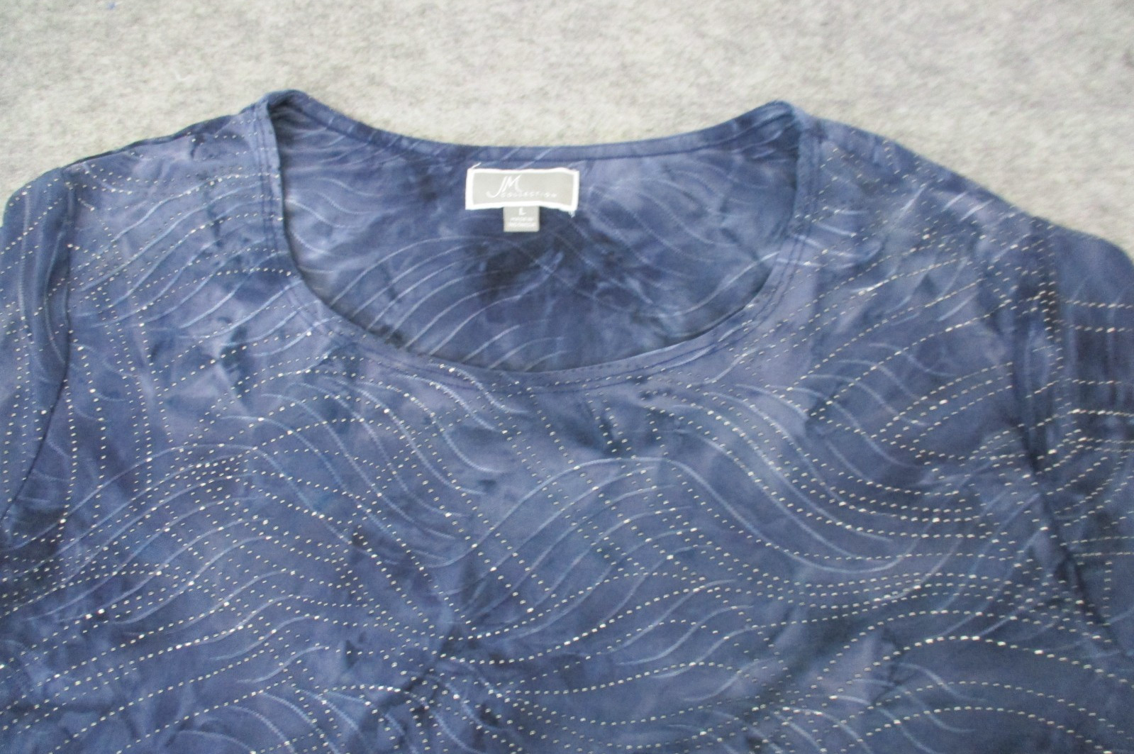 JM Collection Womens L Top Dark Blue Starry Night Sparkle 3/4 Sleeve Rhinestones