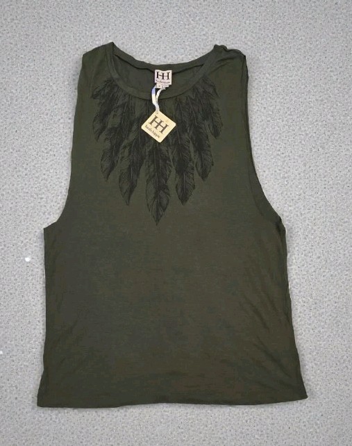 NWT! Haute Hippie Feathers Muscle Tank Military Green Sleeveless Shirt! Size S