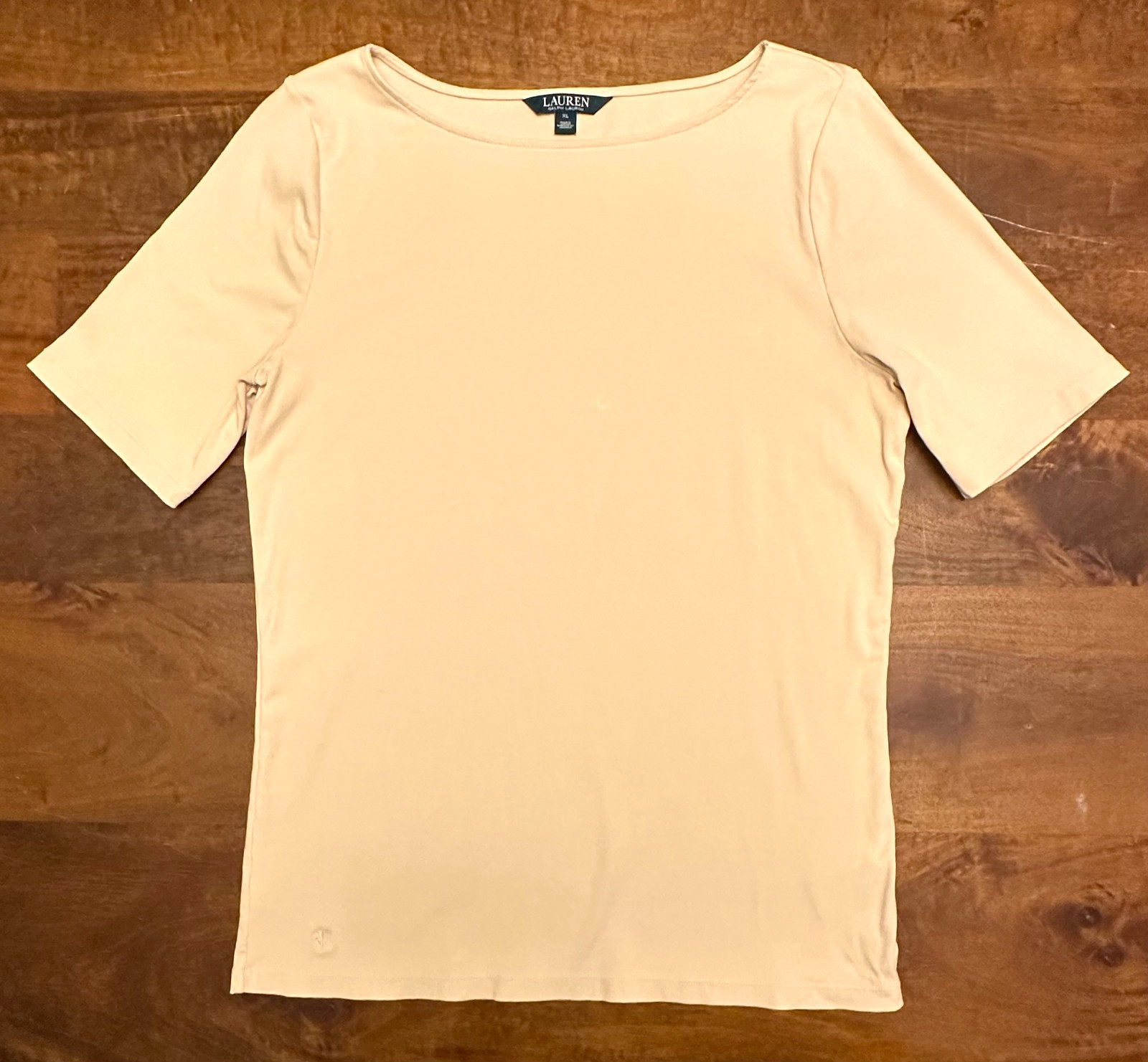 Lauren Ralph Lauren Tan Stretch Cotton Tee T-Shirt Top Elbow-Length Sleeve L XL