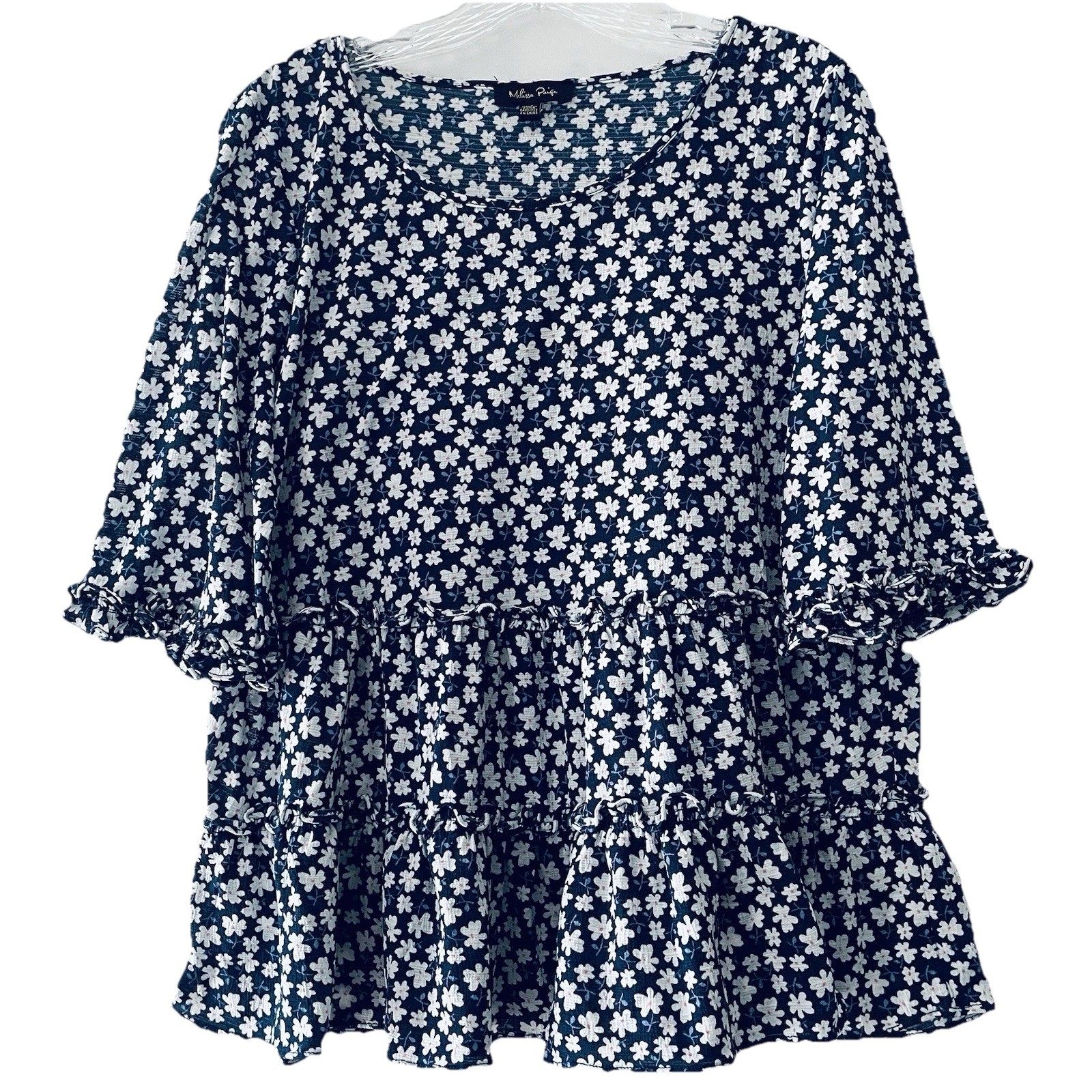 Melissa Paige Women Size Large Blue Floral Ruffle Tiered Stretch Flowy Top Shirt