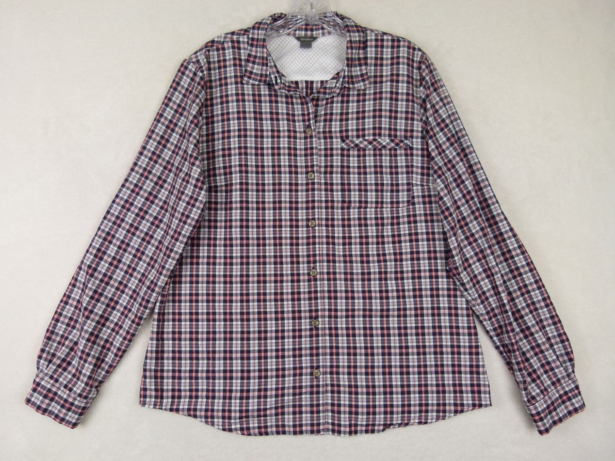 Eddie Bauer Women Large Blue Plaid Nylon-Polyester Blend Button-Up Shirt