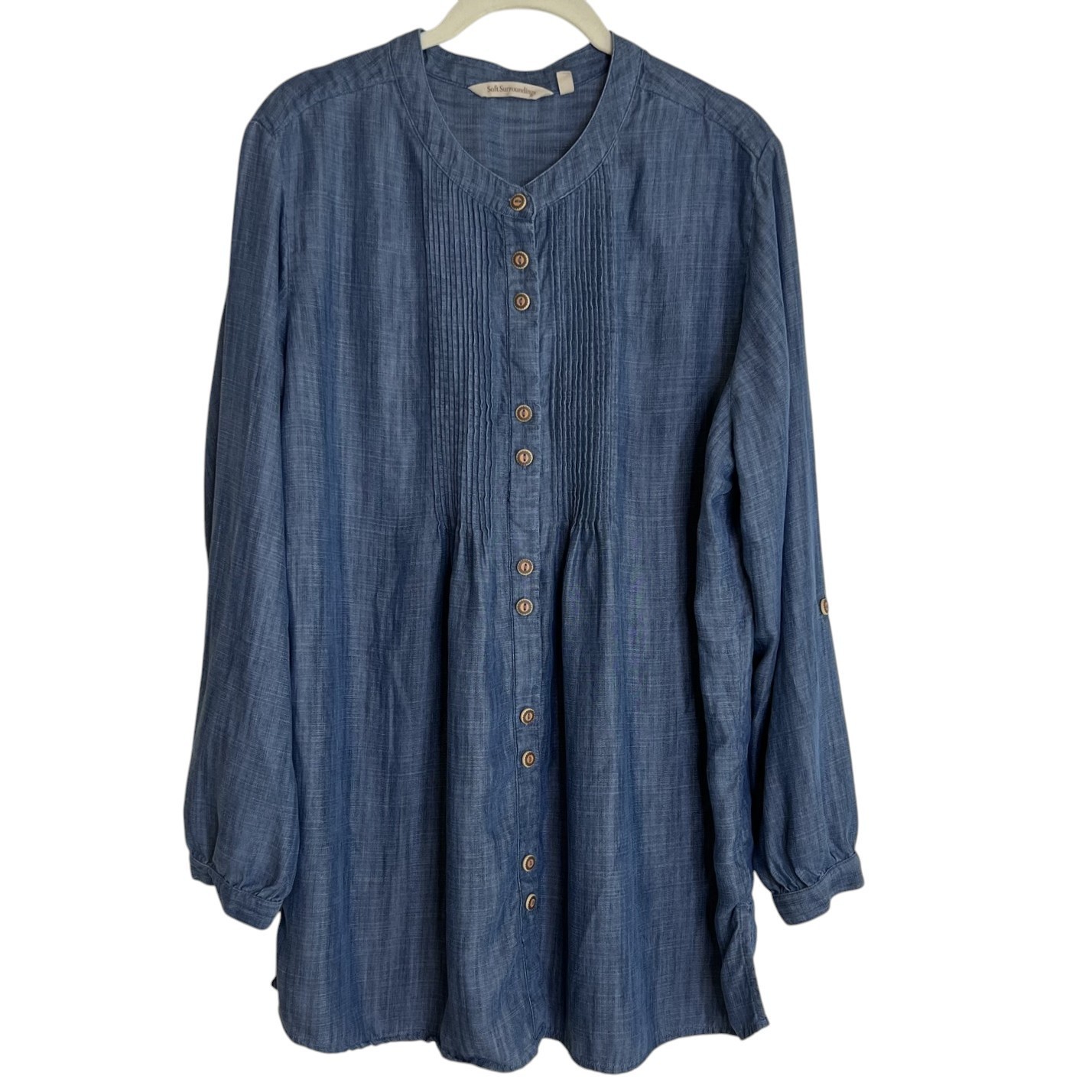 Soft Surroundings Chambray Tunic Long Sleeve Button Front PXL Blue Lyocell