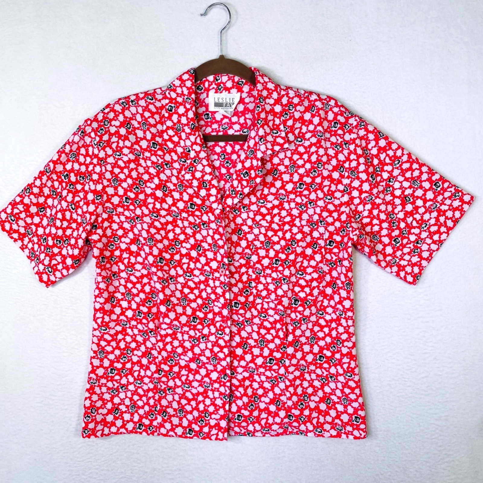 Leslie Fay Petite Red White Floral Button Front Blouse Short Sleeve Top Size 10P