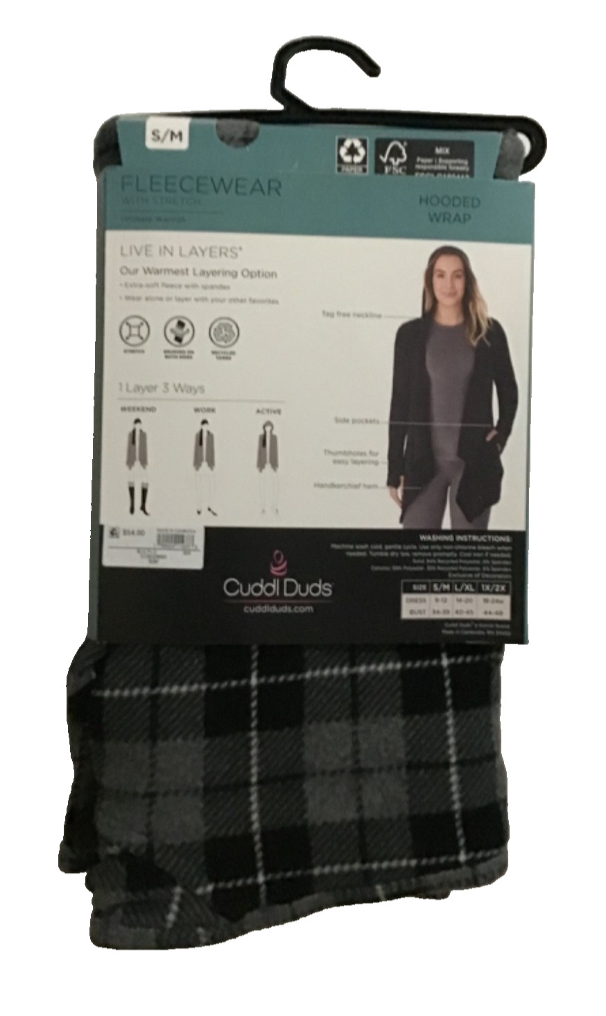 Cuddl Duds Women’s Wrap Top S/M Black Plaid Hooded Pockets NEW