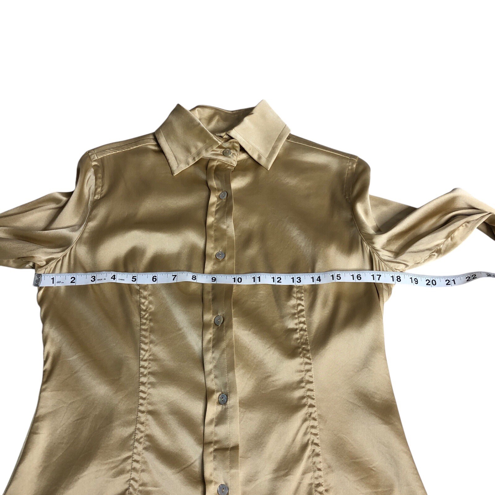 Farinaz Taghavi Silk Blouse Women 6 Gold Button Up Stretch Flip Cuff Career Chic
