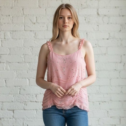 WD·NY Beaded Silk Camisole Women 14 Pink Sequin Ruched Ruffle Tank Top NWT