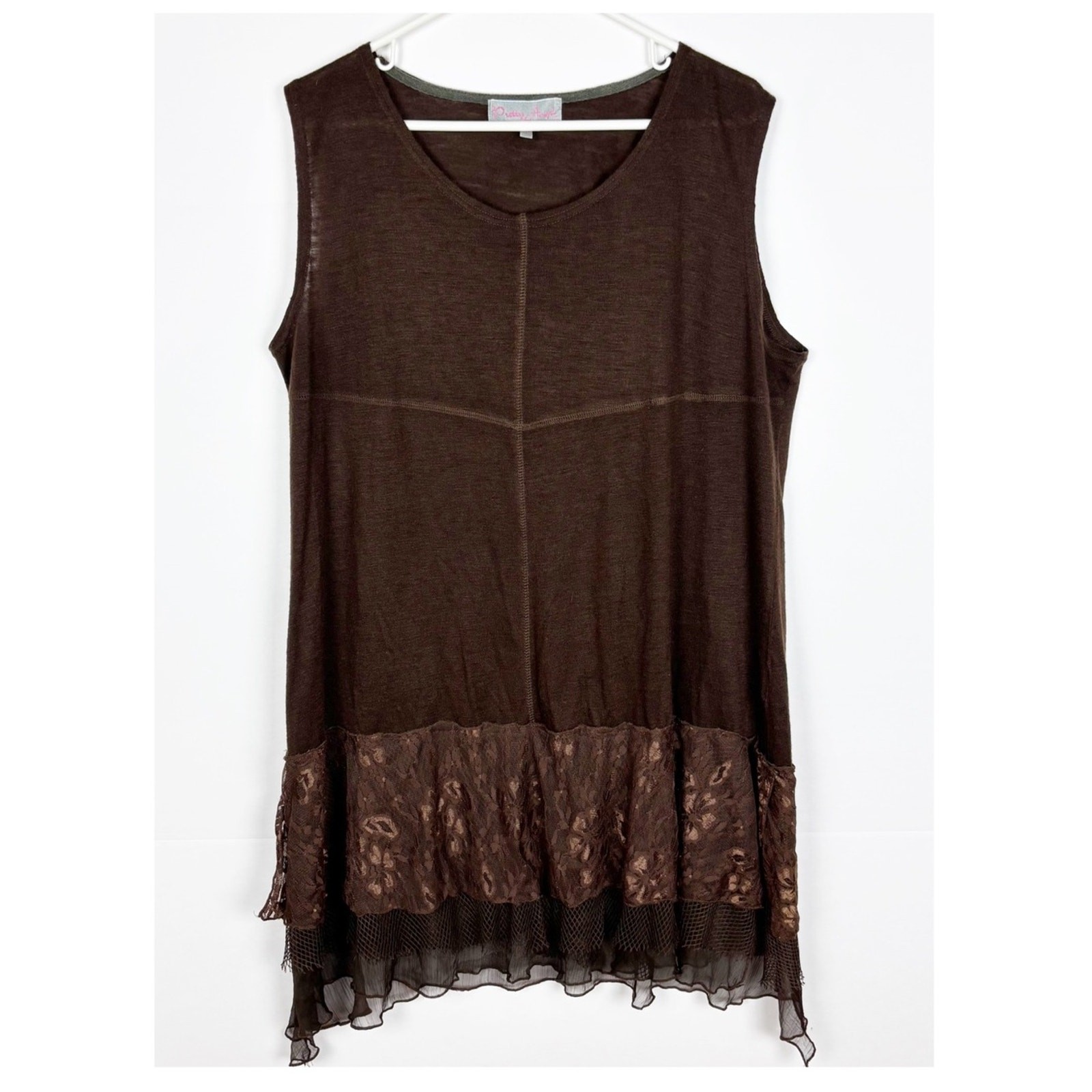 Pretty Angel Tunic Dress Brown Lace Hem linen Blend XL Lagenlook Cottagecore