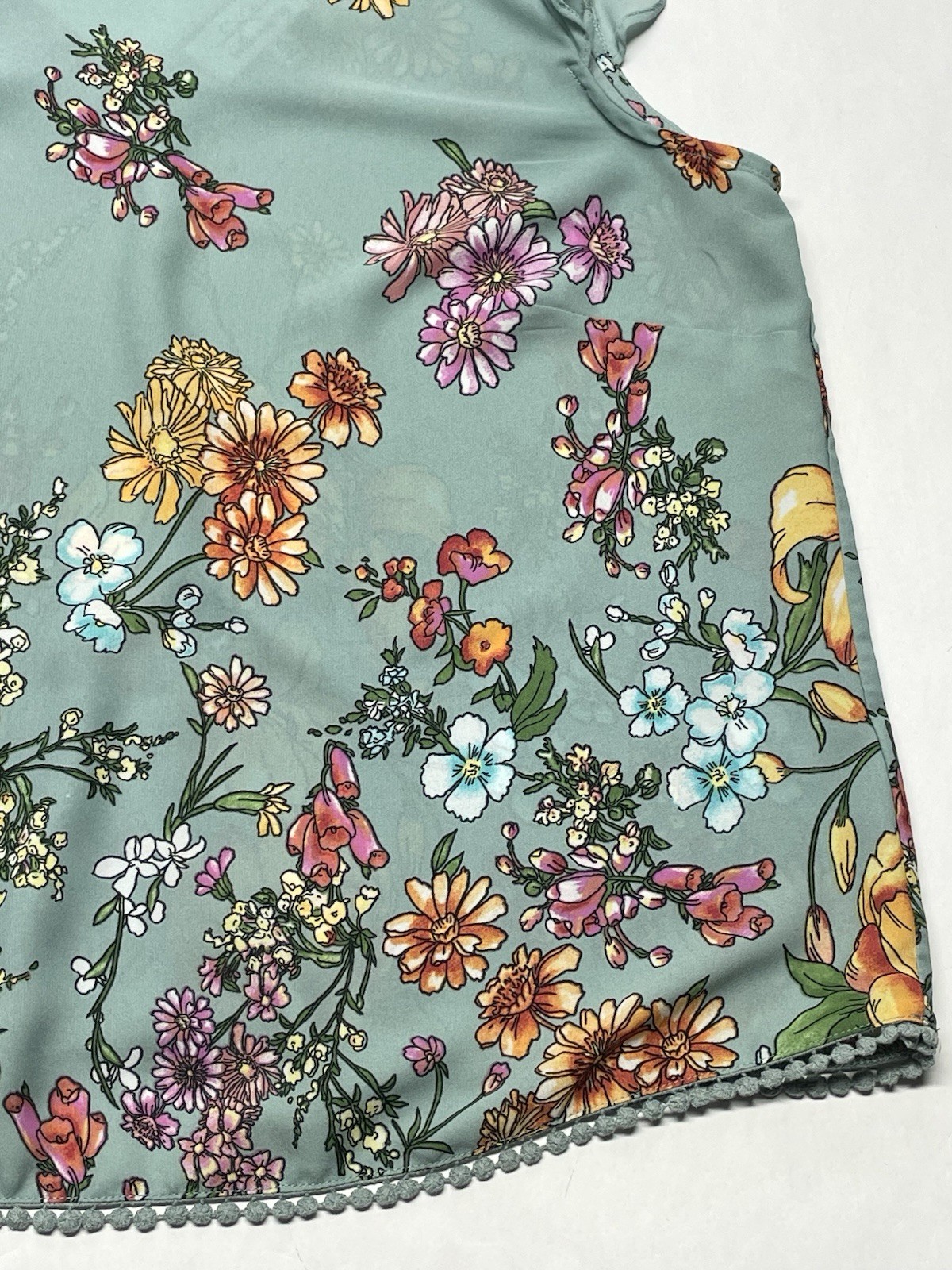 Blue Wildflower Floral Flutter Sleeve Tie Back Blouse XL Boho Cottagecore Dainty