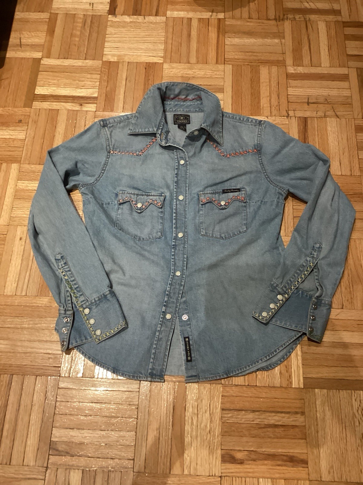 GENUINE LUCKY Hand Embroidered Denim Shirt, Size S/M, Snap Front