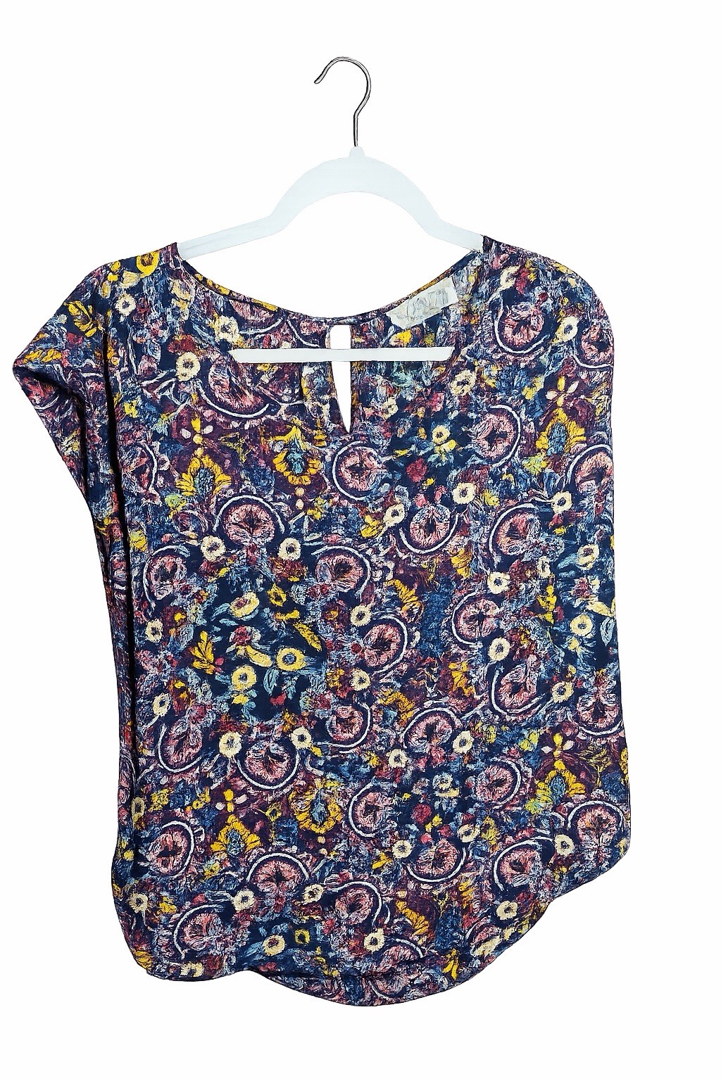 Pink Rose Blouse Women Large Black Floral Short Sleeve Round Neck Boho Style