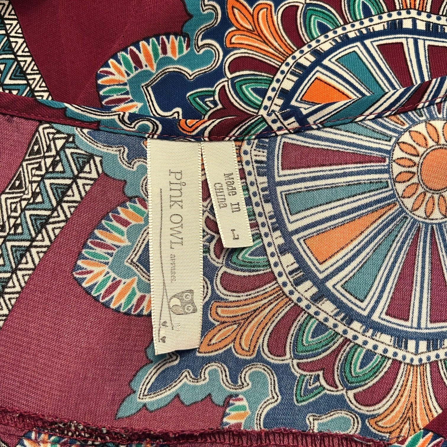 PINK OWL Boat Neck BoHo Top Blouse Burgundy Teal Multi Size M L Ret $60