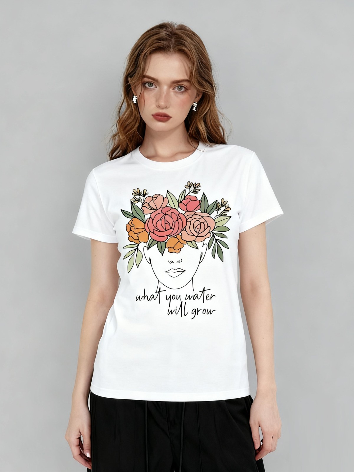 1pc Boho Floral Woman Graphic T-Shirt What You Water Will Grow Inspirational Tee