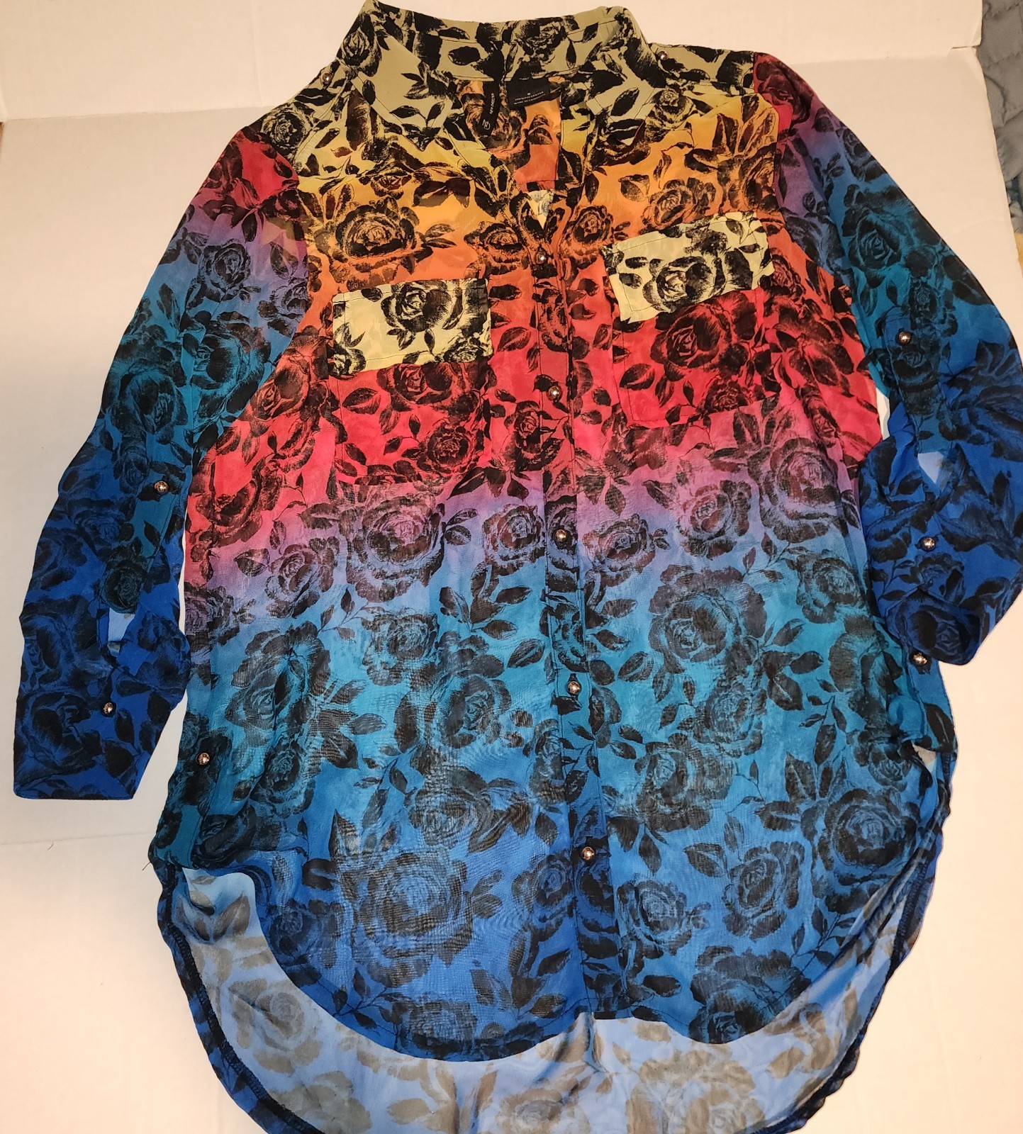 New Directions Multi Color Rainbow~Sheer Blk Floral Print Button Up~Size Small