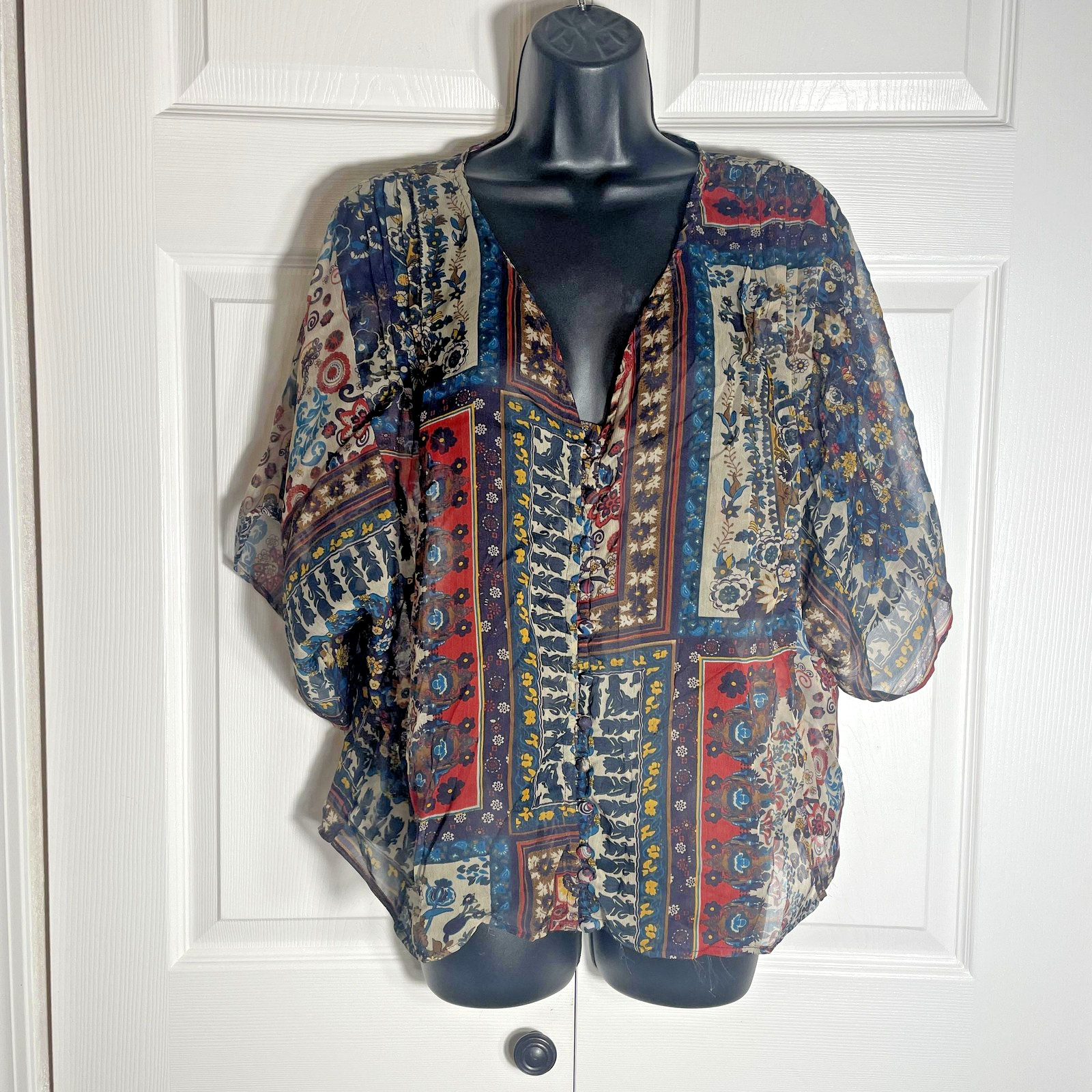 Elena Solano Patchwork Print Shirt Women L Multicolor Sheer Boho Floral Boxy Top