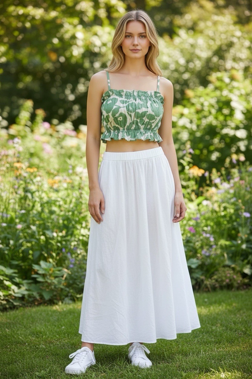 Promesa Cottagecore Floral Smocked Crop Top Green Ivory Adjustable Strap S NWT