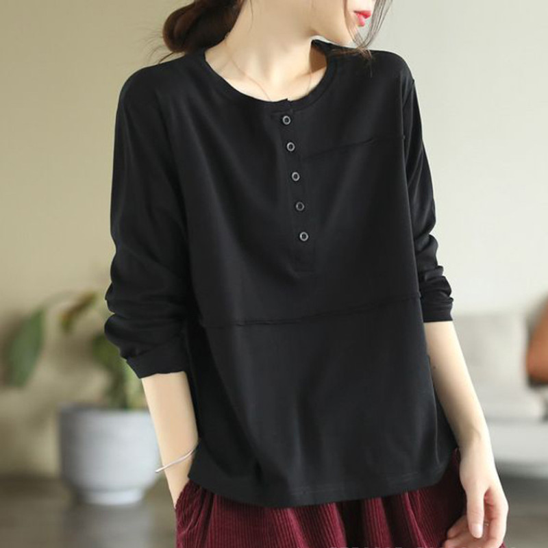 Women’s Vintage Crew-Neck Long-Sleeved T-Shirt Loose Slimming Tops Solid Color