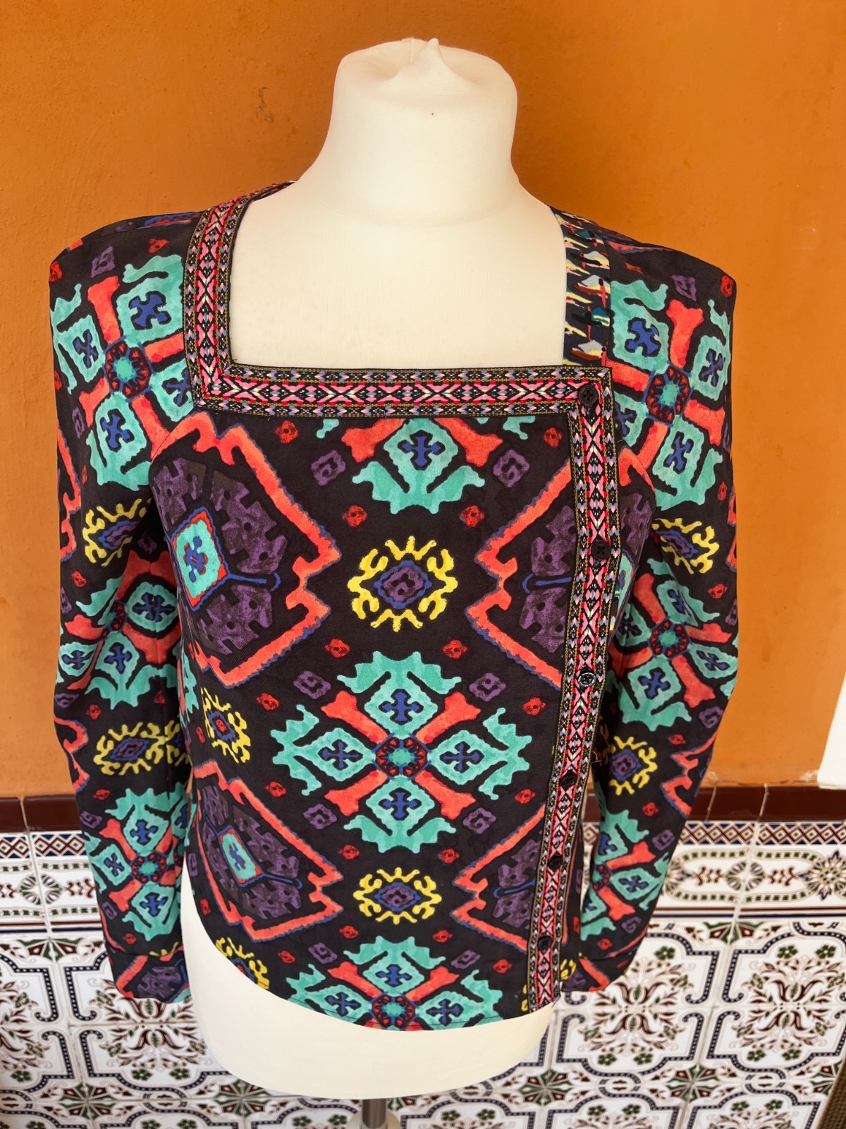 Rachel Roy Boho Ethnic Print Multicolored Blouse Shirt 90s Deadstock XS