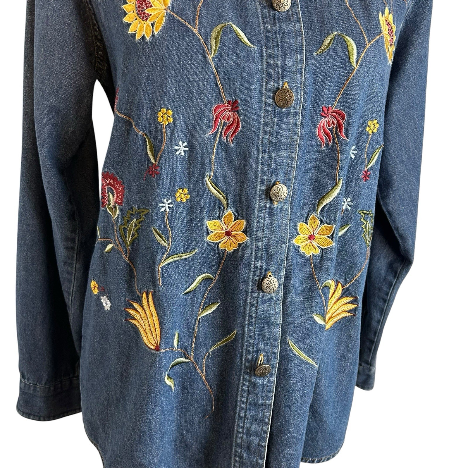 VTG 90s Embroidered Floral Denim Shirt Small Cottagecore Sunflower Boho Preppy