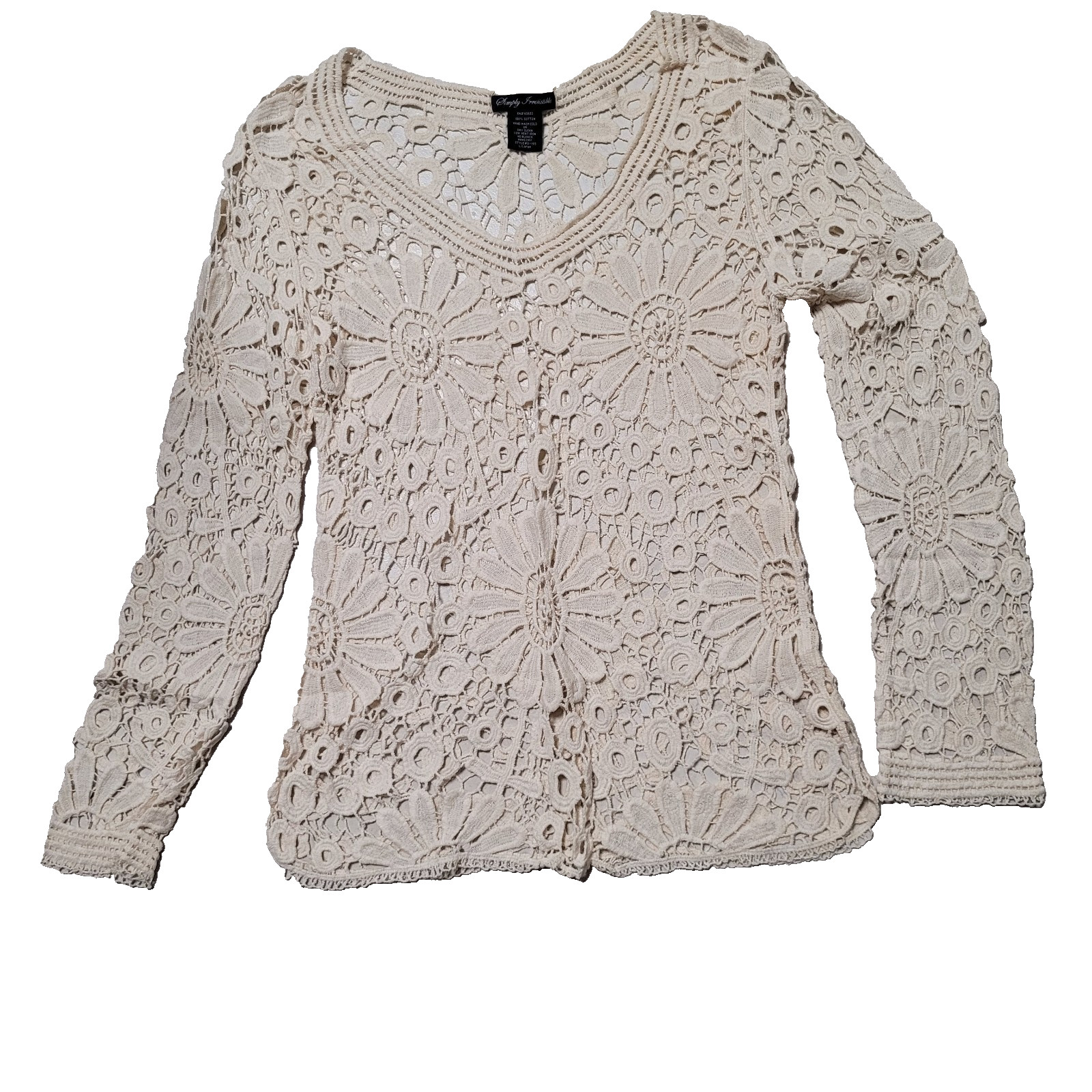 Crochet Top Womens Large Ivory Sheer Floral Romantic Boho Fairy Cottagecore