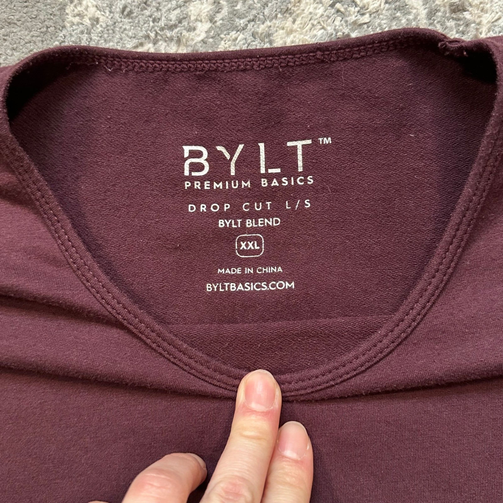 BYLT Premium Basics Drop Cut Long Sleeve Shirt Maroon Burgundy XXL Curved Hem
