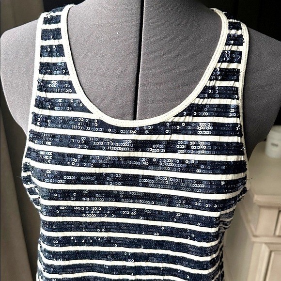 Lauren Ralph Lauren Navy and Cream Striped Sequin Tank Top Cotton Medium