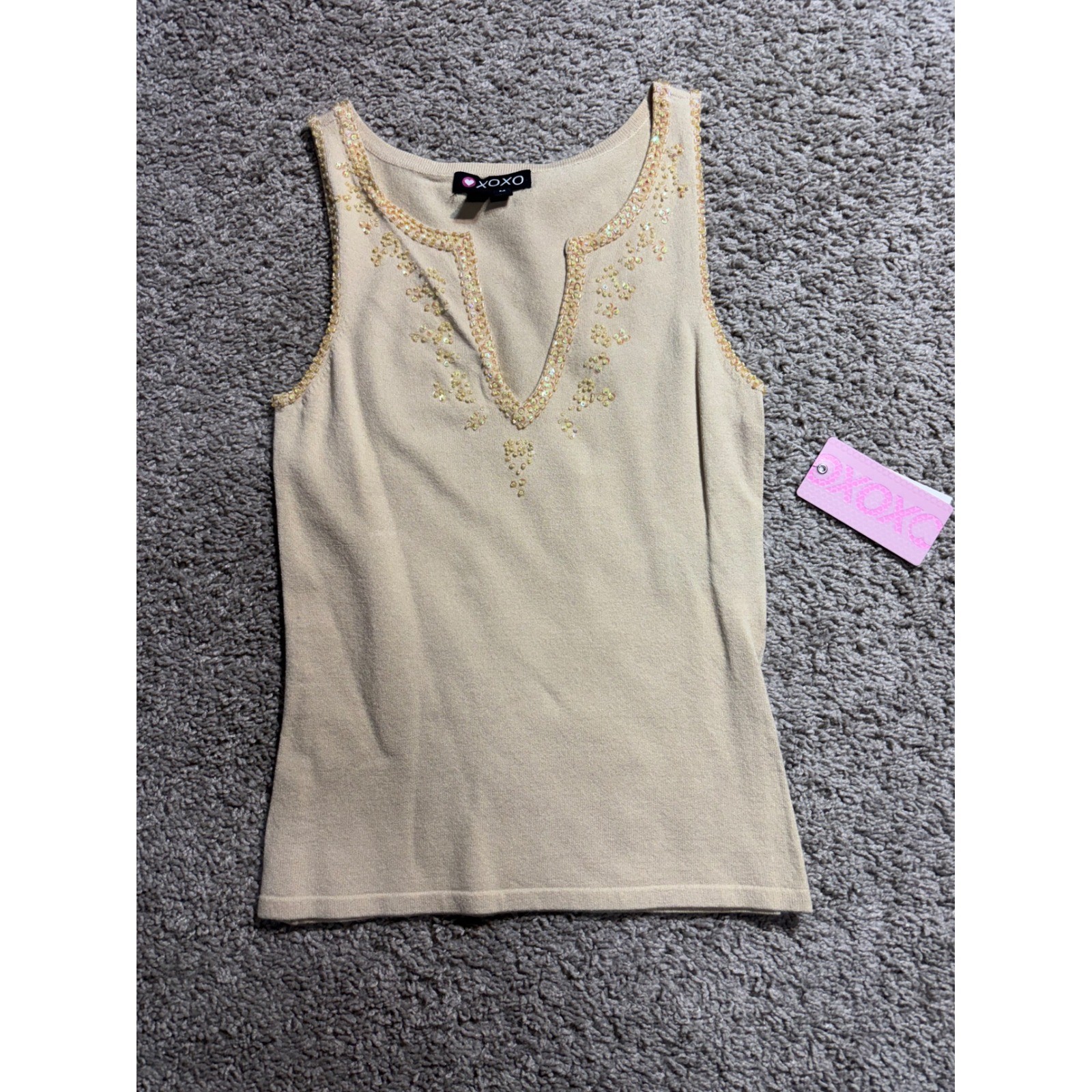 XOXO Womens Tan Beige Sequin Embellished Split Neck Knit Tank Top Size M NWT Y2K