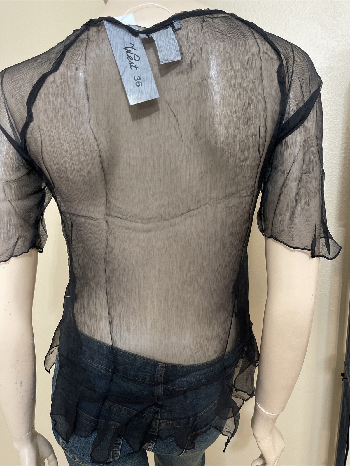 Women’s Black Silk Casual Summer Sheer Beaded Embroidered Lace Size M Blouse Top