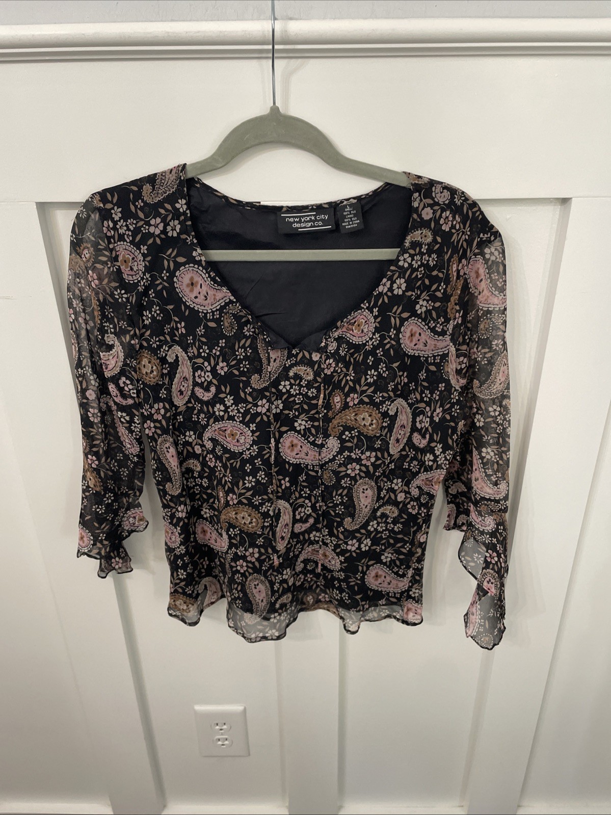 Women’s NYC Design Co. Black Chiffon Blouse With Pink Paisley Design-large