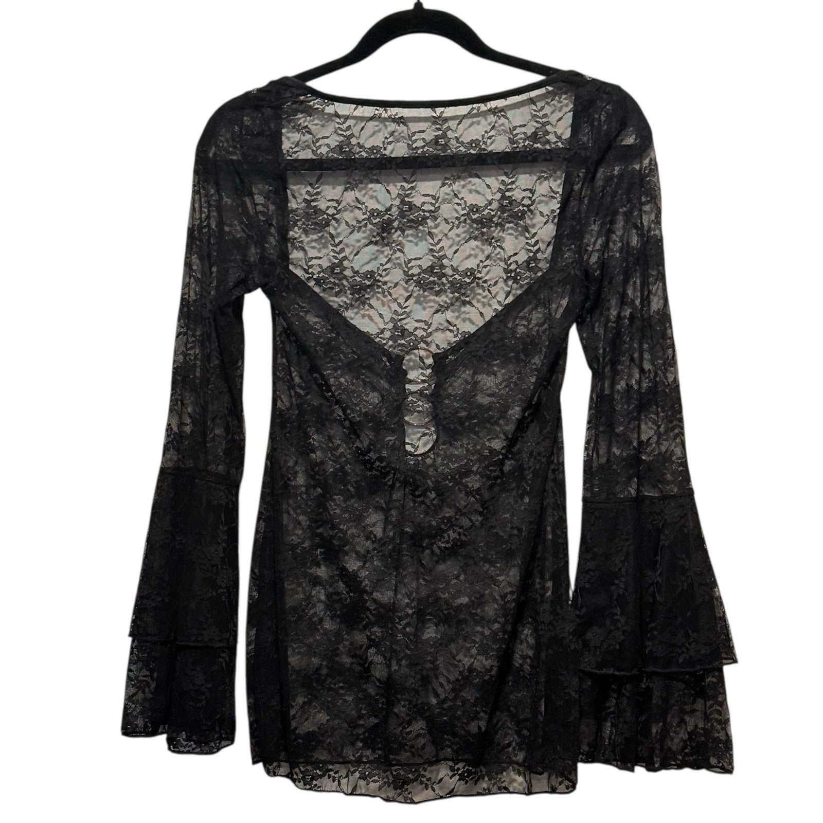 Whimsigoth Sheer Black Lace Womens Small Bell Sleeve Fairy Witchy Top Femme