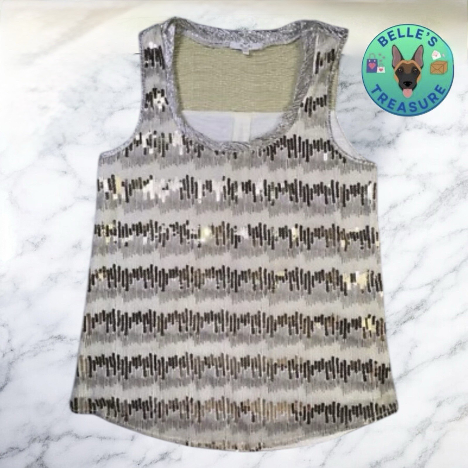 Miss Me Tank Top Womens Small Gold Sequin Shirt Y2K 90s Shimmer Sparkle Glam