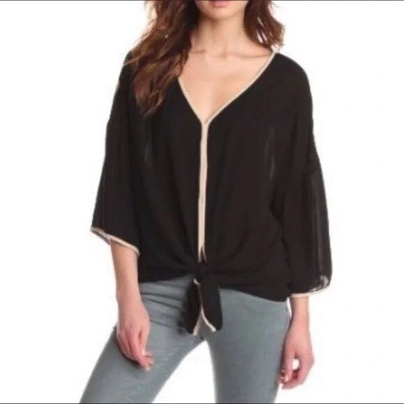 ELLA MOSS Black & Tan Tie Front Top Blouse Size Large Anthropologie