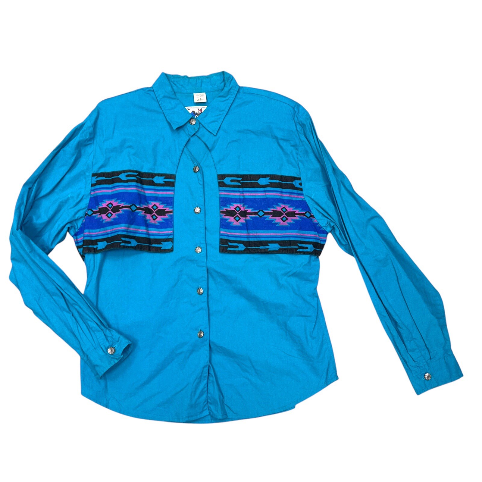 I Love Cowboys OutWest Womens Western Shirt Turquoise Large Southwest Aztec