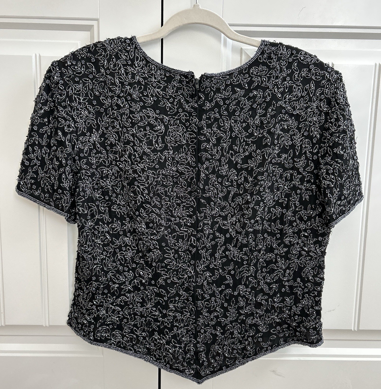 Papell Boutique Evening Beaded Blouse Black & Silver Women’s XL VTG Formal