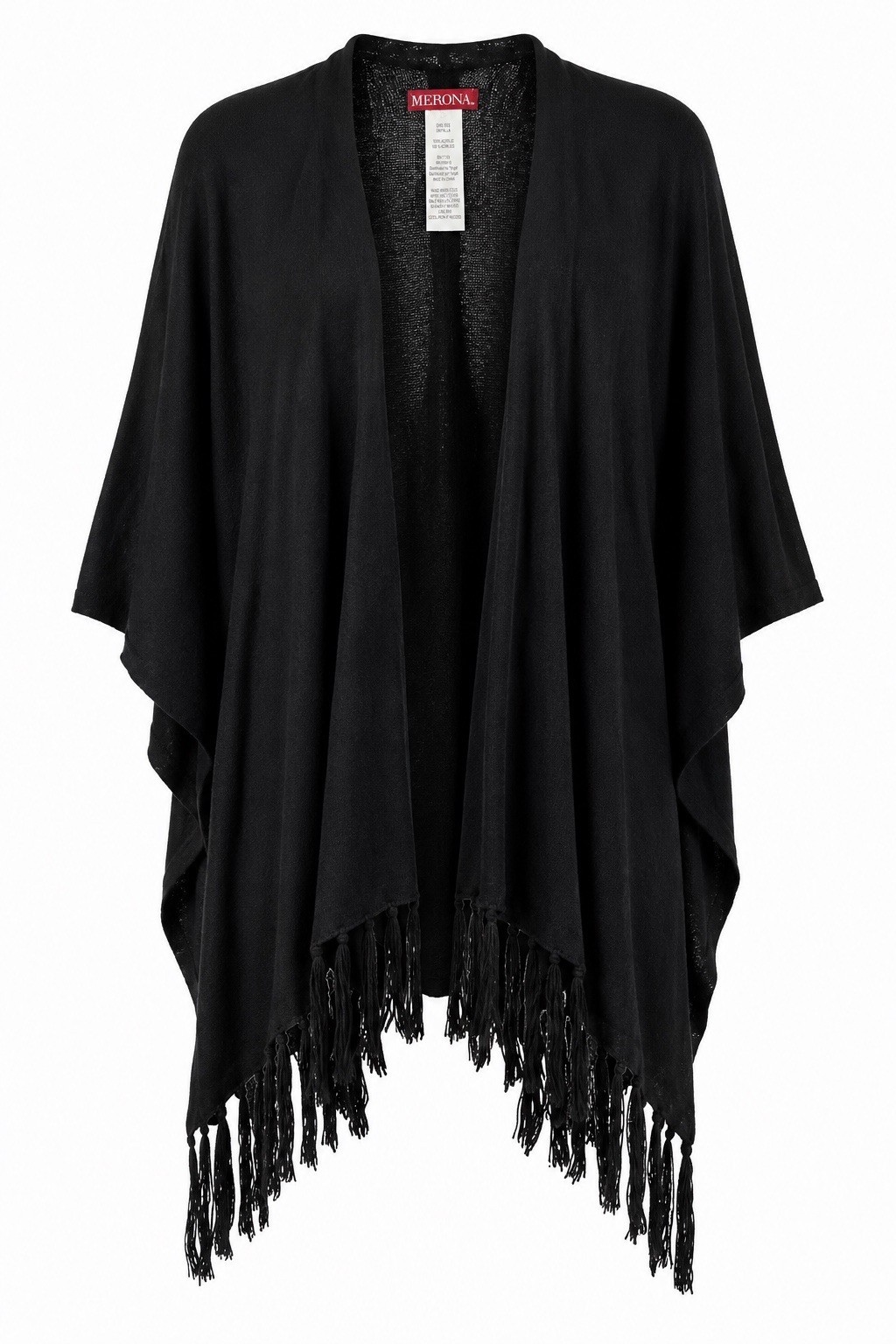 NWT Merona Soft Cozy Black Fringe Ruana Shawl Poncho Wrap Open Front and Sleeves