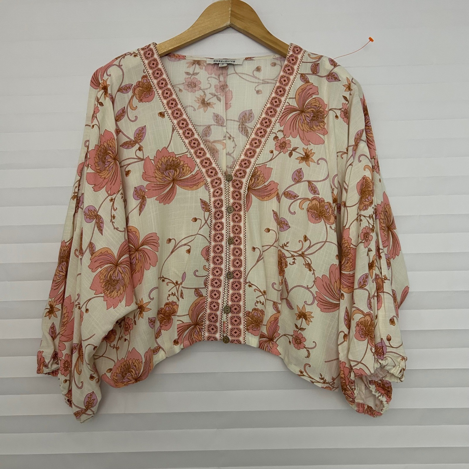 Rose + Olive Pink Floral Boho V-Neck Dolman Sleeve Cottagecore Top Womens M Crop