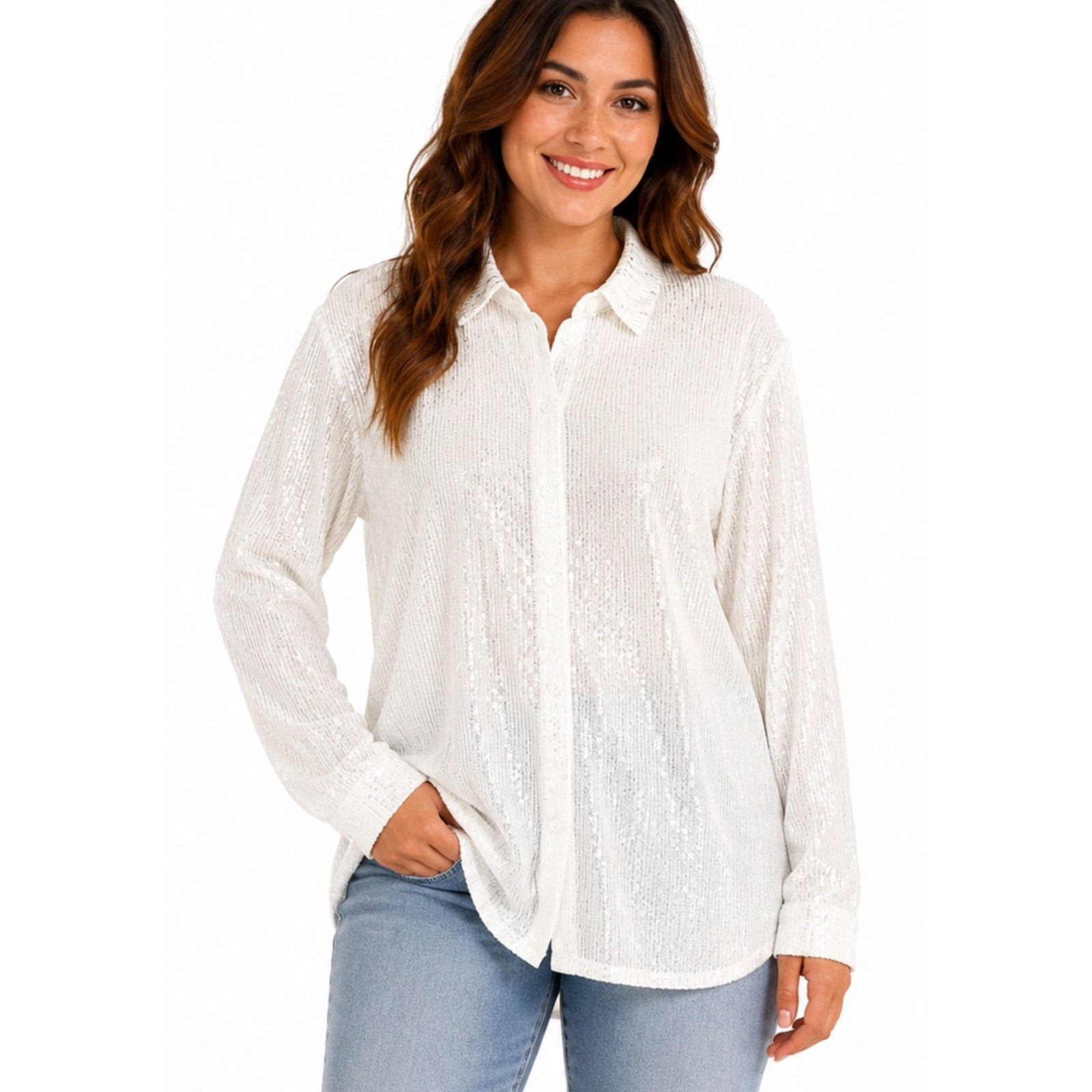 Fashion Nova White Sequin Button Up Shirt LG Sparkle Glam Party Club Holiday Top
