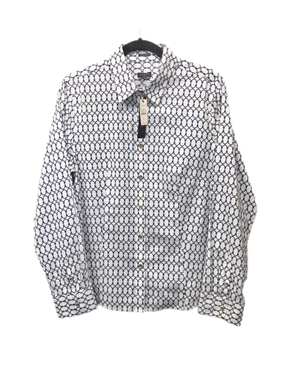 Talbots White Blue Chain Print Wrinkle Resistant Button Front Shirt Size 14 NEW