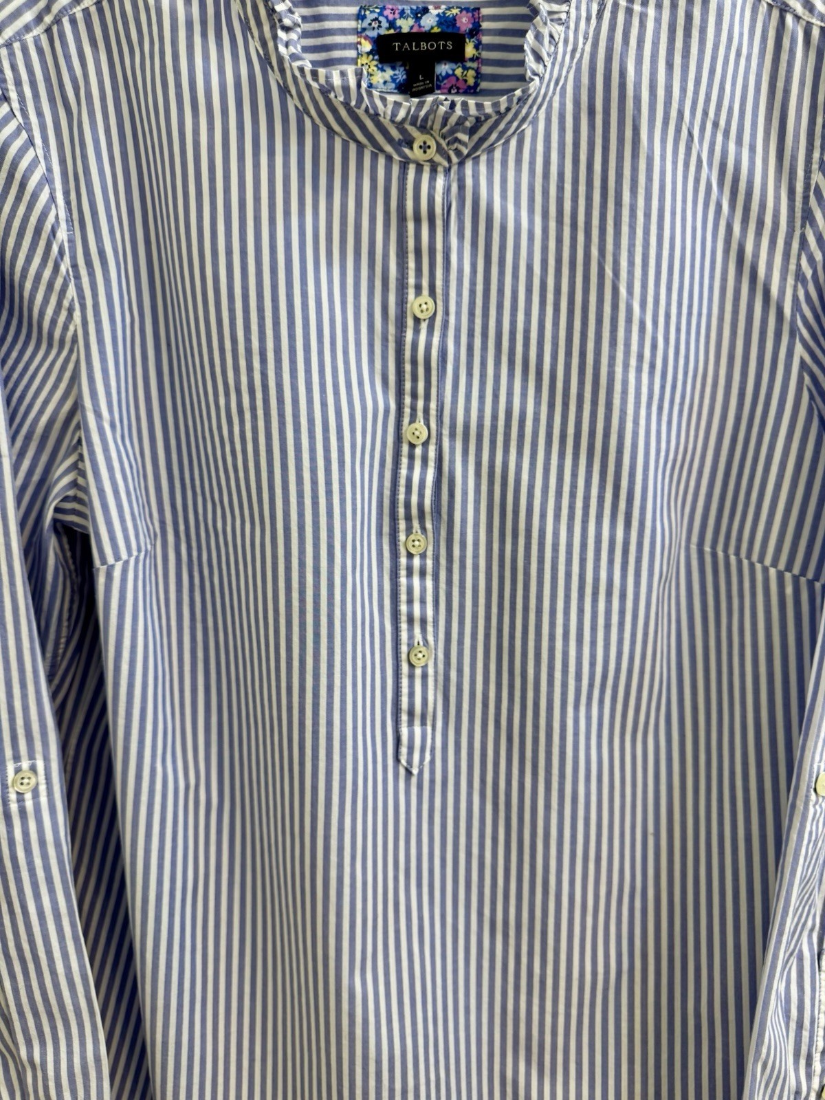 TALBOTS Blue & White Striped Coastal COTTON POPOVER Roll Tab Sleeves (L) NWOT